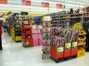 Xmas Eve picture taken at my grocery. Note the Valentine's Day display AND the Easter row behind it!